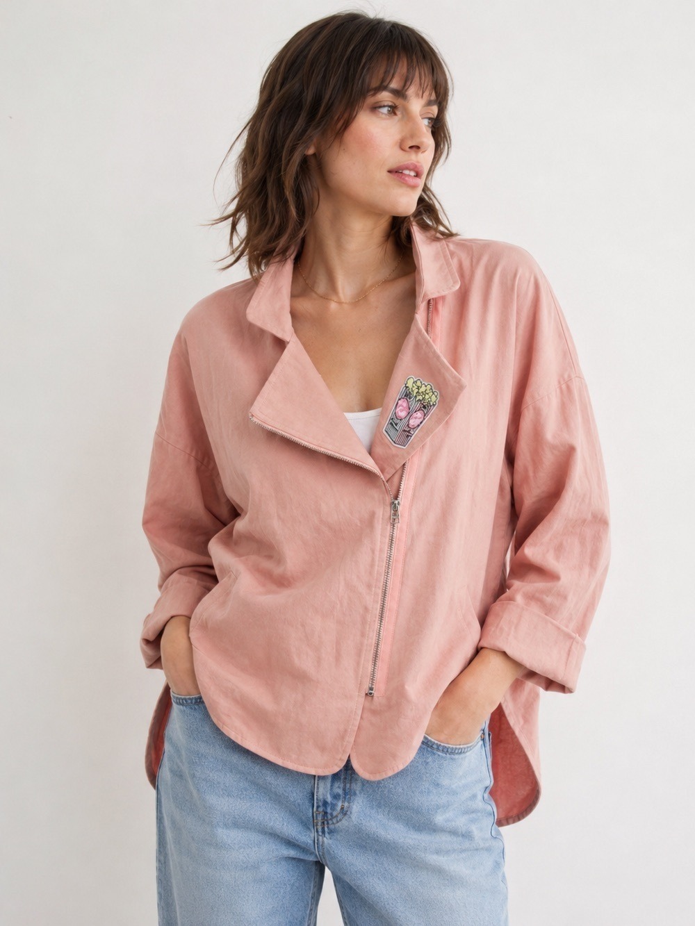 Lili Sidonio x Molly Bracken Pink Oversize Denim Asymmetrical Zip Jacket